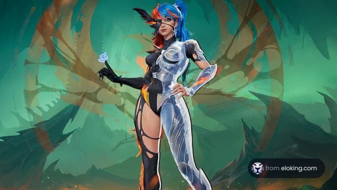 A futuristic heroine standing confidently with a stylized background.