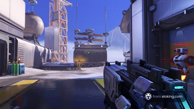A futuristic ice base with a training bot on the right.