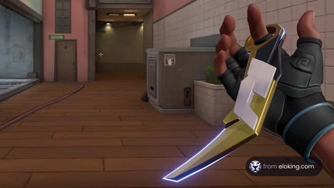 A futuristic knife held in hand with a Valorant aesthetic.
