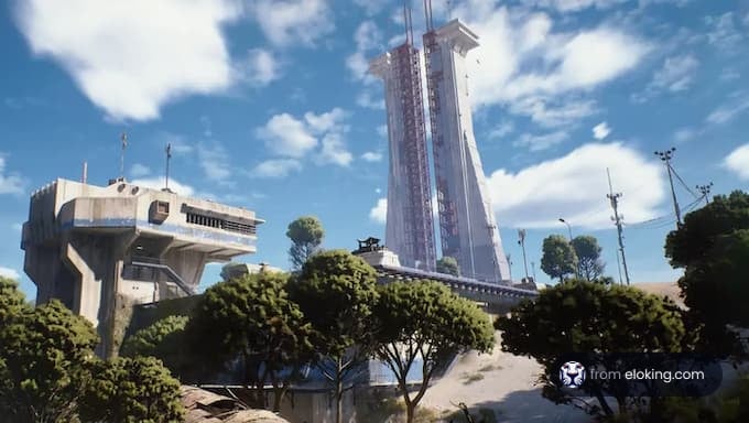 A futuristic launch pad surrounded by greenery and blue sky