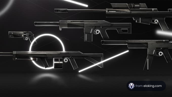 A collection of futuristic light saber designs with illuminated blades on a dark background