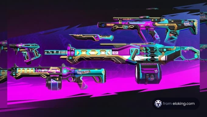 Collection of colorful futuristic neon-lit gaming weapons
