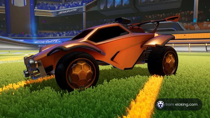 Orange futuristic car on a grass field in a virtual soccer stadium