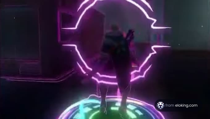 A character emerging from a colorful futuristic portal