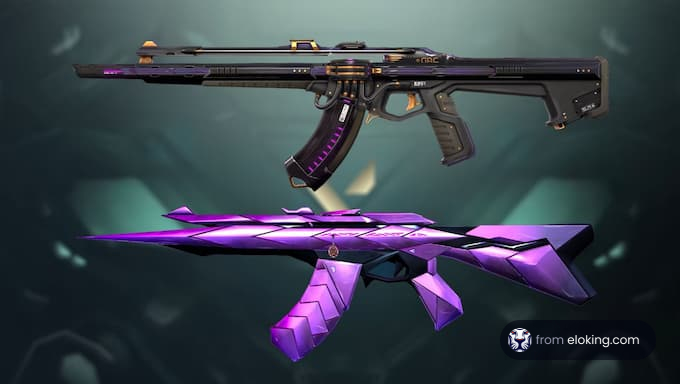 Futuristic purple drone and assault rifle on a teal background