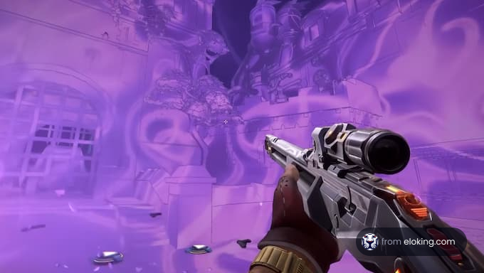A character aims a futuristic weapon in a vibrant purple environment.