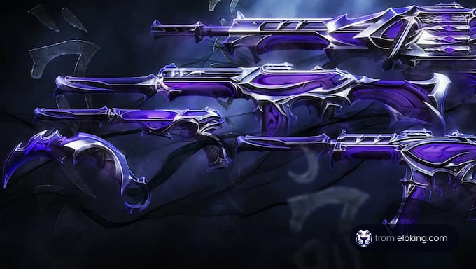 Futuristic purple weapons with ornate designs on a dark background