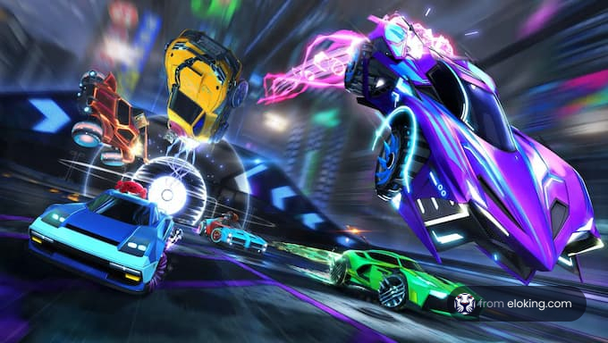 Futuristic racing cars in dynamic action on a neon-lit track