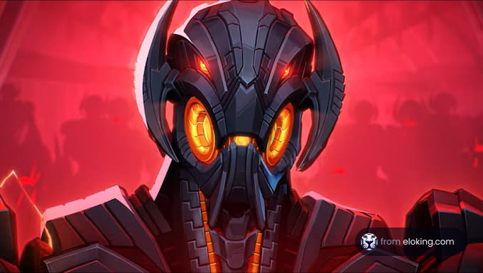 A futuristic robot character with glowing orange eyes.