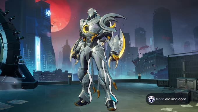 A futuristic robot stands in a sci-fi cityscape at night.