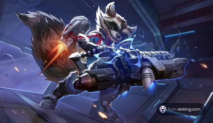 Postać łaszcza trzymająca futurystyczną broń w otoczeniu science fiction