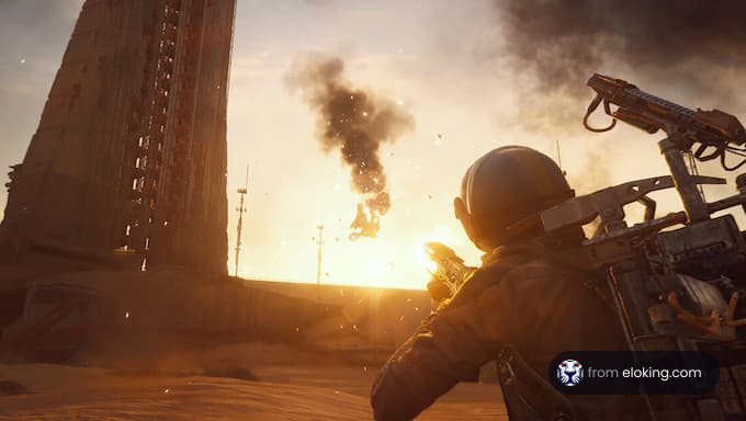 A soldier in a futuristic setting observing an explosion in a sandy landscape.