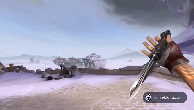 A futuristic scene featuring a character holding a knife with a spaceship in the background.