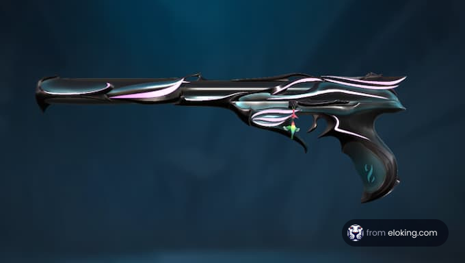 A sleek futuristic gun with silver and black accents on a dark blue background