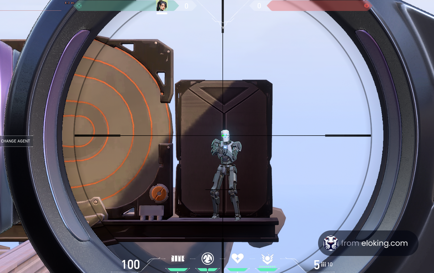 Futuristic sniper aiming at a robotic soldier in a sci-fi setting
