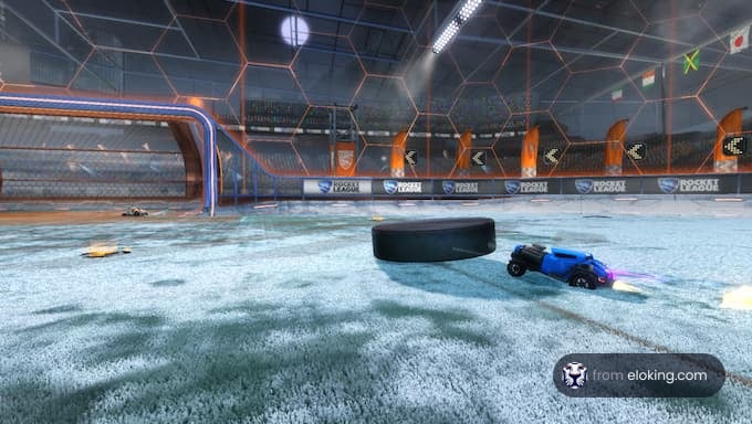 Futuristic soccer game arena with cars chasing a giant puck