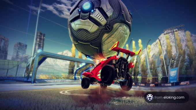 Futuristic car playing soccer in a dynamic arena
