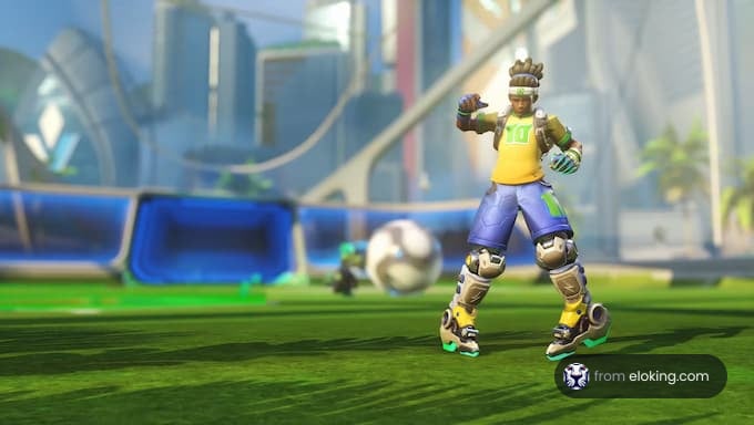 Futuristic soccer player celebrating on a vibrant field