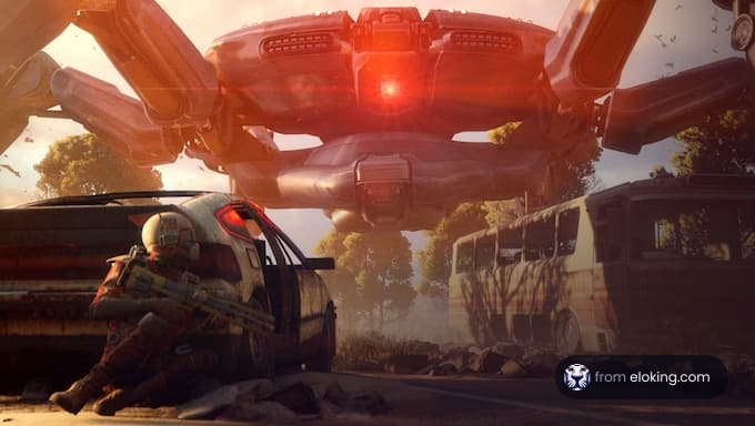 A futuristic soldier taking cover from an alien threat in a desolate landscape.