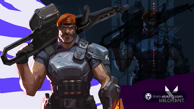 Illustration of a rugged futuristic soldier with a large gun and an armored outfit, with a shadowy figure in the background