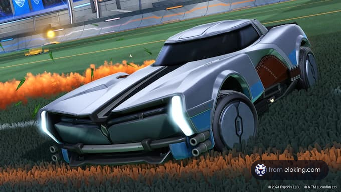 Futuristic sports car with boosters racing on a grassy field