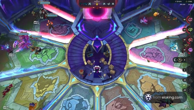 Players engaged in a strategic battle in a futuristic game arena