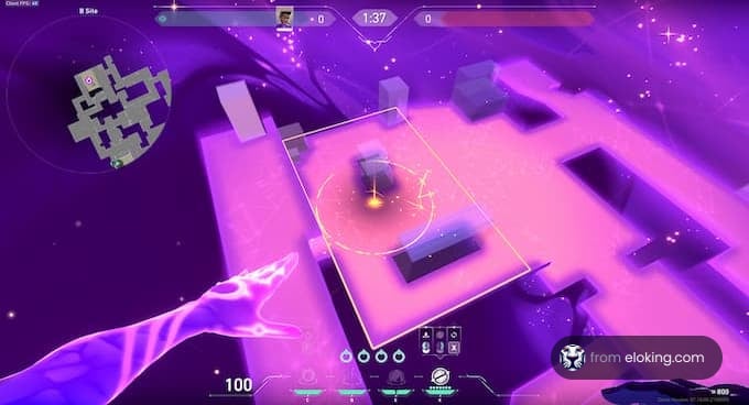 Futuristic video game scene with neon colors and strategy map