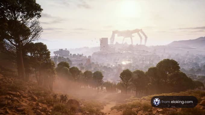 A stunning futuristic sunset landscape featuring a large mechanical structure in the background.