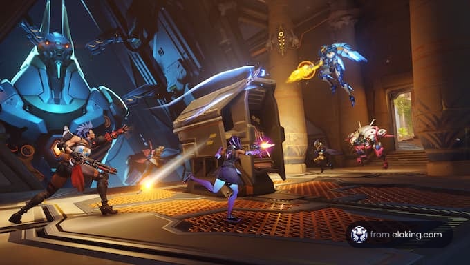 Team of futuristic warriors engaging in a dynamic combat scene inside a high-tech facility