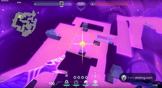 Player navigating a neon-lit, futuristic game map with strategic interface