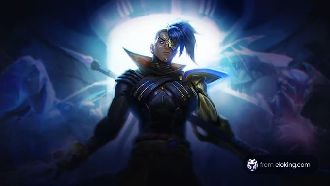 A futuristic warrior hero in a dramatic light