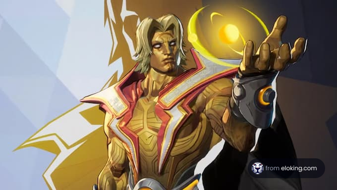 A futuristic warrior hero showcasing powers with a glowing orb.