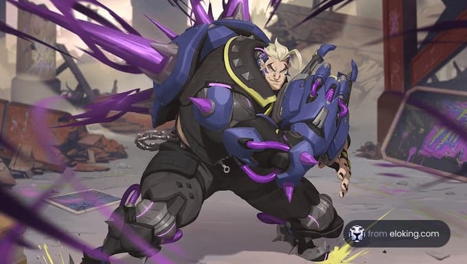 Animated futuristic warrior with purple energy gauntlets