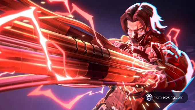 A futuristic warrior wielding an energy gun with vibrant lightning effects.