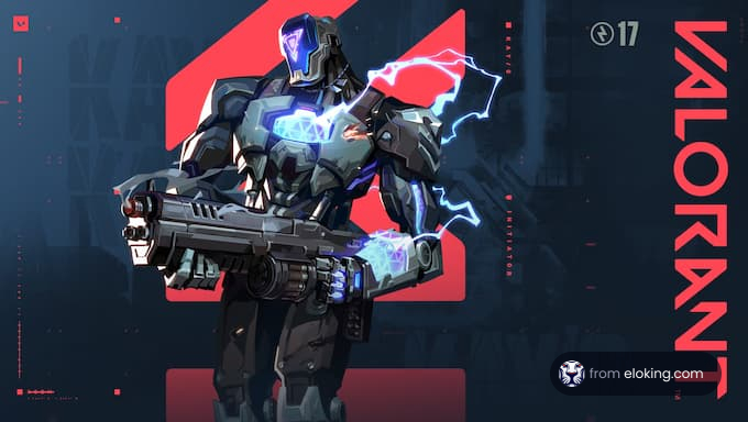 Futuristic warrior with blue armor and energy rifle on a red and blue Valorant themed background