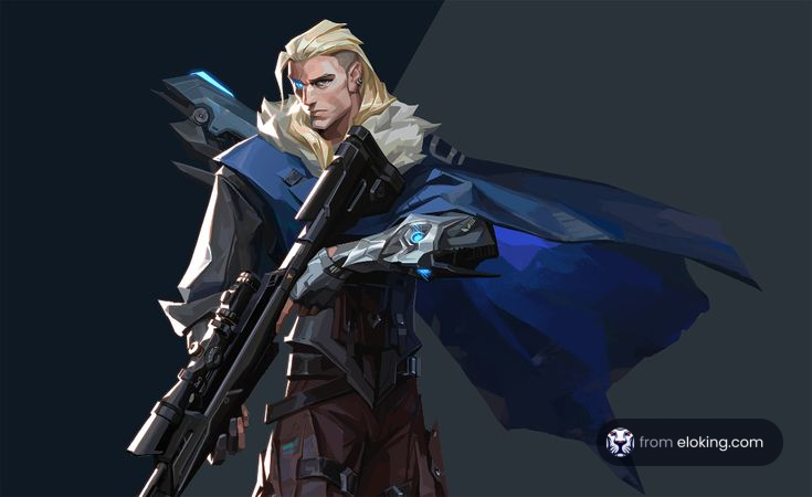 Futuristic blonde warrior with plasma rifle and blue cape