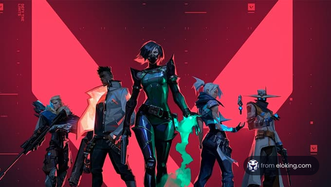 Group of futuristic warriors in a dynamic pose against a red background