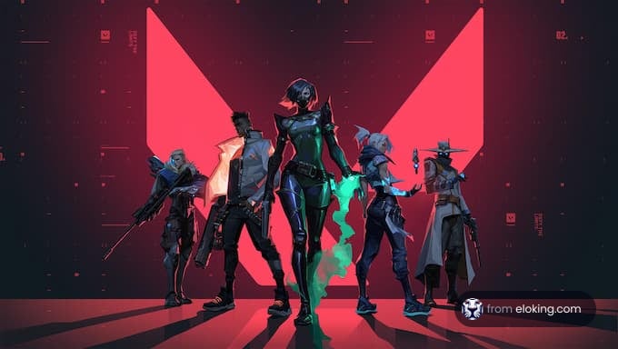 A group of futuristic warriors standing in a stylized red digital environment