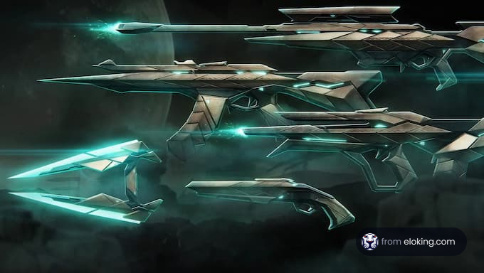 Concept art featuring futuristic weapons with glowing accents