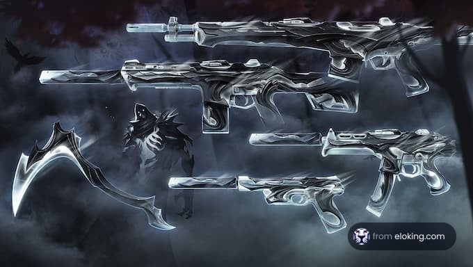 Assortment of floating futuristic weapons with a ghostly figure in the background