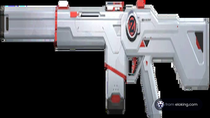 Futuristic white and red blaster gun with a sleek design
