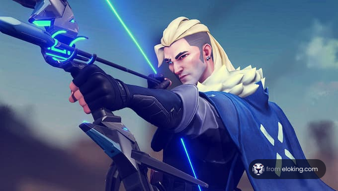 A futuristic archer character aiming with a bow and arrow.