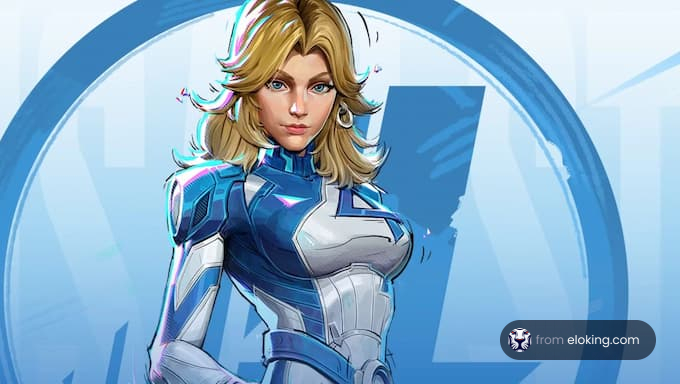 A futuristic female character in a sleek blue outfit