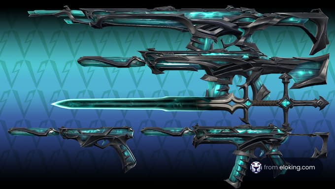 A collection of futuristic weapon designs featuring intricate details and a glowing blue aesthetic.