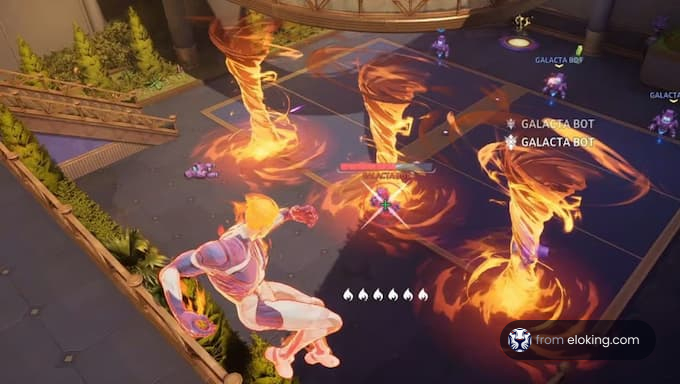 A player commanding fiery tornadoes in a battle arena.