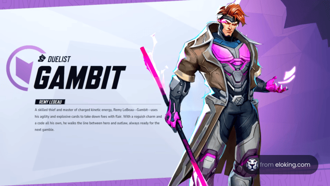 Gambit, a skilled thief and master of charged kinetic energy, stands confidently.