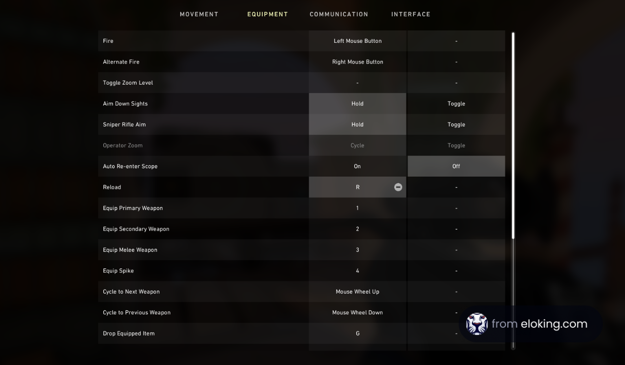 Detailed video game control settings interface with key bindings