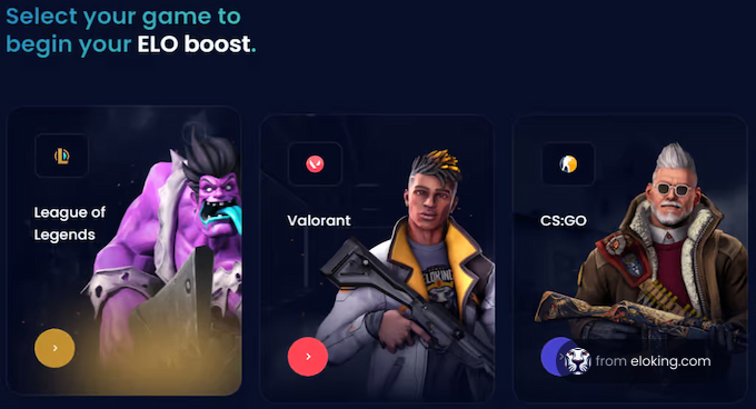 Select your game for ELO boost featuring characters from League of Legends, Valorant, and CS:GO