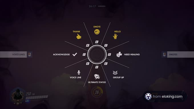 Game interface showing a communication wheel with options like Thank, Emote, Hello, Need Healing
