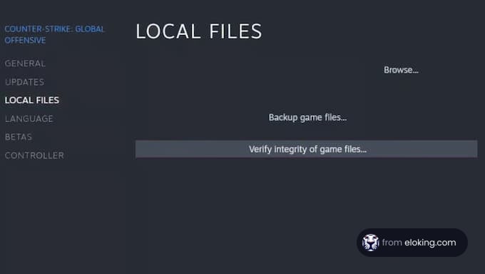 Screenshot of a game interface showing local files settings with options to backup and verify integrity of game files